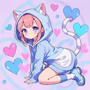 Anime girl with cat ears and tail, playful pose, wearing a cute hoodie, soft pastel background, generated by Seedream via Gifify AI Image Tool