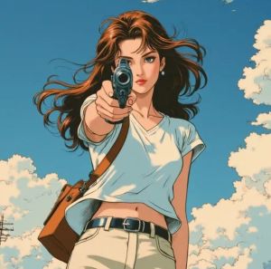 An anime girl, her long hair blown by the wind, raising a gun - Created by Gifify AI Image Generator