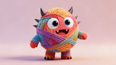 A 3D cute monster made of colorful wool yarn, big expressive eyes, sharp knitting textures, simple pastel background, soft studio lighting, adorable character design - Created by Gifify AI Image Tool