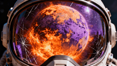 Close-up of a space helmet visor reflecting a massive exploding planet, sharp details of the visor scratches, intense orange and purple fire, high-octane visual - Created by Gifify AI Image Tool