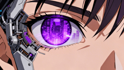 Sharp anime style, close-up of a cybernetic eye reflecting a neon purple city, glowing mechanical iris, high contrast, clean line art, intense gaze, 8k - Created by Gifify AI Image Tool