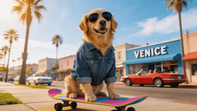 A stylish golden retriever wearing cool sunglasses and a denim jacket, sitting on a colorful skateboard, sunny California street background, cinematic lighting, 8k resolution - Created by Gifify AI Image Tool