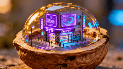 Hyper-realistic miniature of a cyberpunk Tokyo street corner, built inside a glass walnut shell, tiny glowing purple neon signs, sharp macro focus, shallow depth of field, tilt-shift photography, 8k - Created by Gifify AI Image Tool