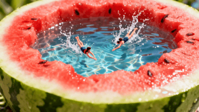 A slice of fresh watermelon that is actually a swimming pool with tiny people diving in, sharp water splashes, vibrant red and green colors, sunny day, creative concept art - Created by Gifify AI Image Tool