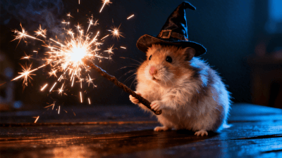 A fluffy hamster wearing a tiny wizard hat and holding a glowing magic wand, sharp fur texture, cinematic sparks, dark wooden table background, high contrast - Created by Gifify AI Image Tool