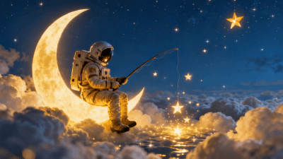 An astronaut sitting on a crescent moon, fishing for glowing stars in a sea of clouds, sharp details on the space suit, magical golden light, deep blue cinematic sky - Created by Gifify AI Image Tool