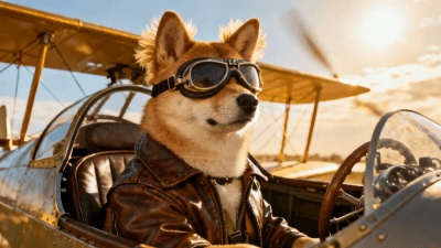 A cool Shiba Inu dog wearing vintage pilot goggles and a leather jacket, sitting in a retro biplane cockpit, fluffy ears, sunny sky background, sharp focus - Created by Gifify AI Image Tool