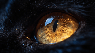 Extreme close-up of a majestic black cat's eye, glowing amber iris, hyper-realistic fur texture, dark moody background, sharp focus on the eye, 8k professional macro photography - Created by Gifify AI Image Tool