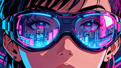 Close-up of a cyberpunk character wearing high-tech glowing goggles, reflections of a neon city in the lenses, sharp line art, high saturation, intense visual impact - Created by Gifify AI Image Tool